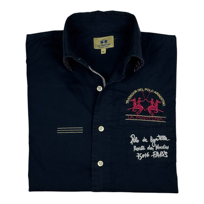 Camicia LA MARTINA Uomo M 48 Blu Cotone Stretch Polo de Bagatelle Paris Logo